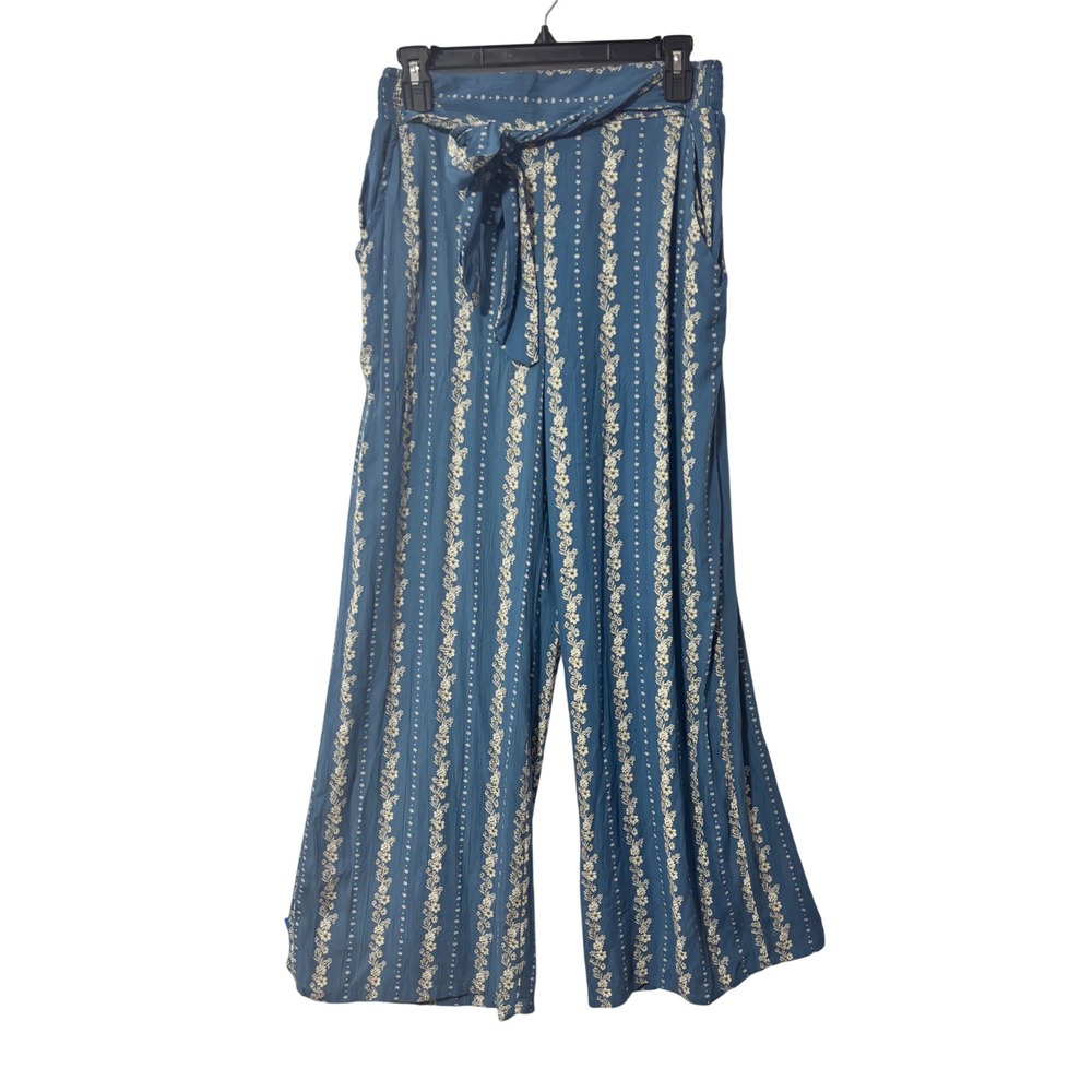 Angie Womens Blue Floral Stripe Wide Leg Smocked Back Tie Waist Pants Size M NEW - Picture 1 of 9